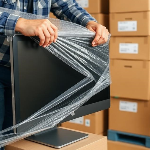 Professional mover carefully packing electronic equipment for a secure office relocation.