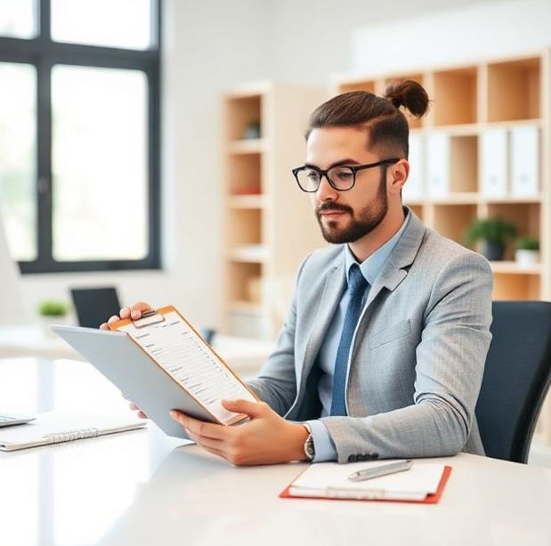 A business owner reviewing an office relocation checklist on a tablet and clipboard to organize a move.
