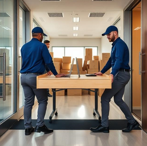 Professional moving crew carefully relocating office furniture for office relocation checklist and equipment to a new workspace.