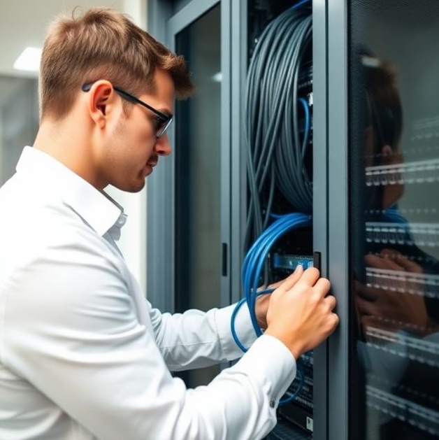 IT technician setting up network infrastructure at a new office location to ensure zero downtime.