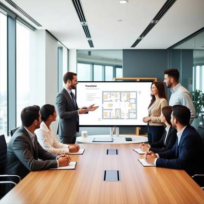  A project team collaborating on a floor plan during an office move.