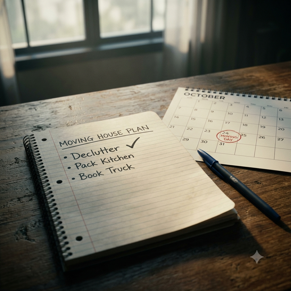 Decluttering and planning a moving house timeline with a notebook and calendar in London