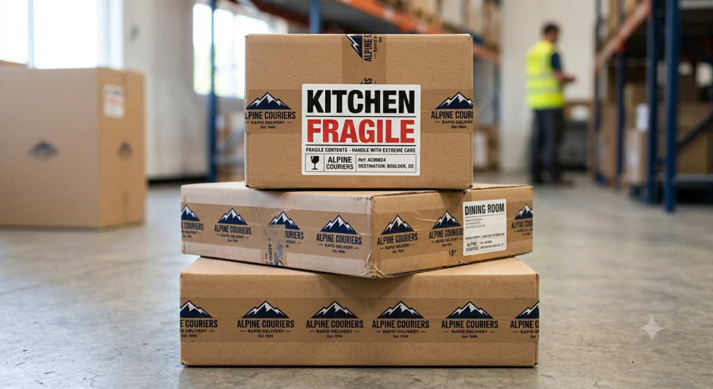 Neatly stacked and labeled cardboard moving boxes, including 'KITCHEN' and 'FRAGILE', prepared for a house move