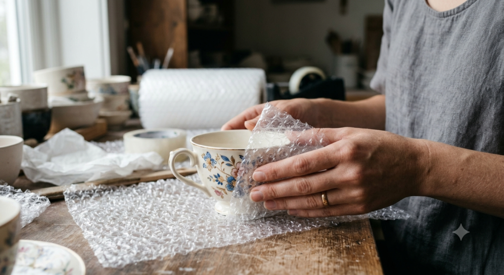 Carefully wrapping fragile kitchenware in bubble wrap to prevent damage during a home removal