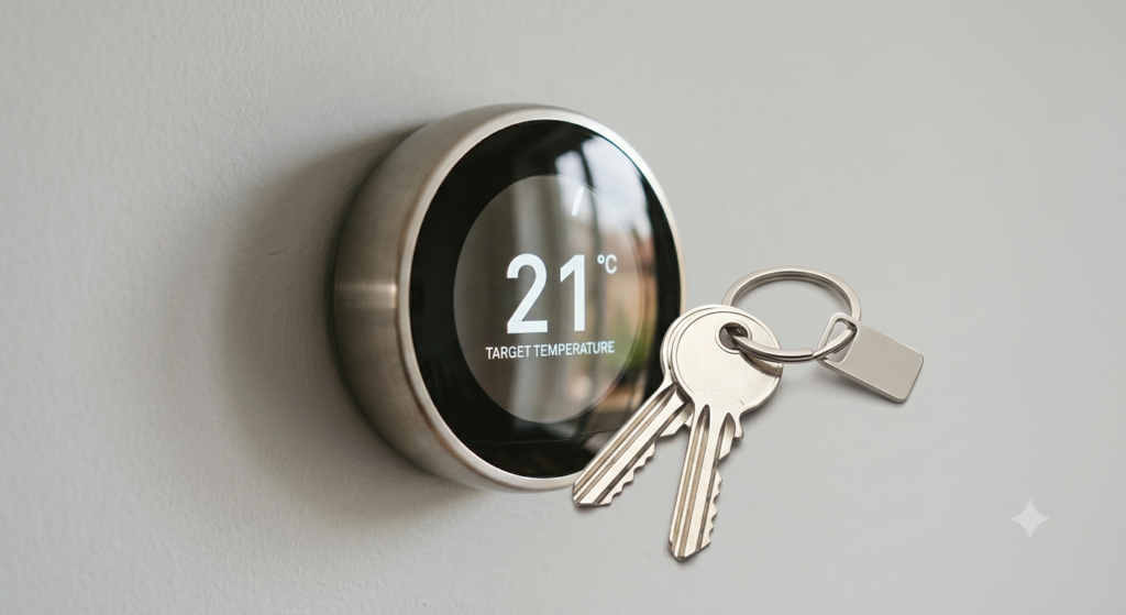 A smart home thermostat and new set of door keys, representing final utility checks