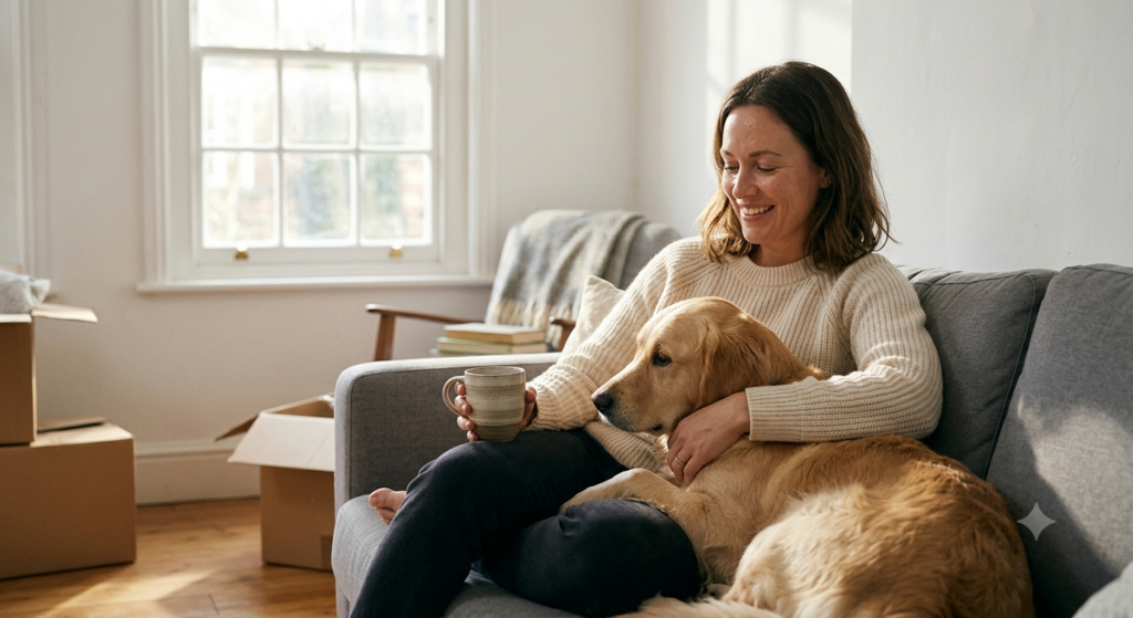 Relaxing on a sofa in a new living room after a successful and stress-free house move in London.moving house checklist