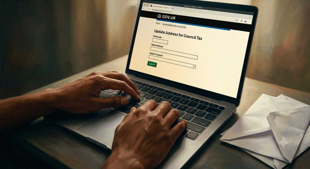 Hands updating personal details on a government website to prepare for a home move.