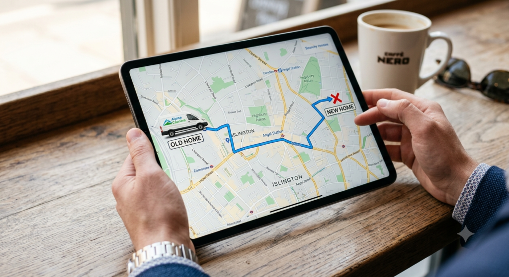 Central London borough map showing home removal logistics with a moving route