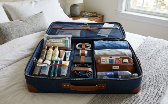 A packed essentials bag with travel toiletries and daily necessities for a smooth transition