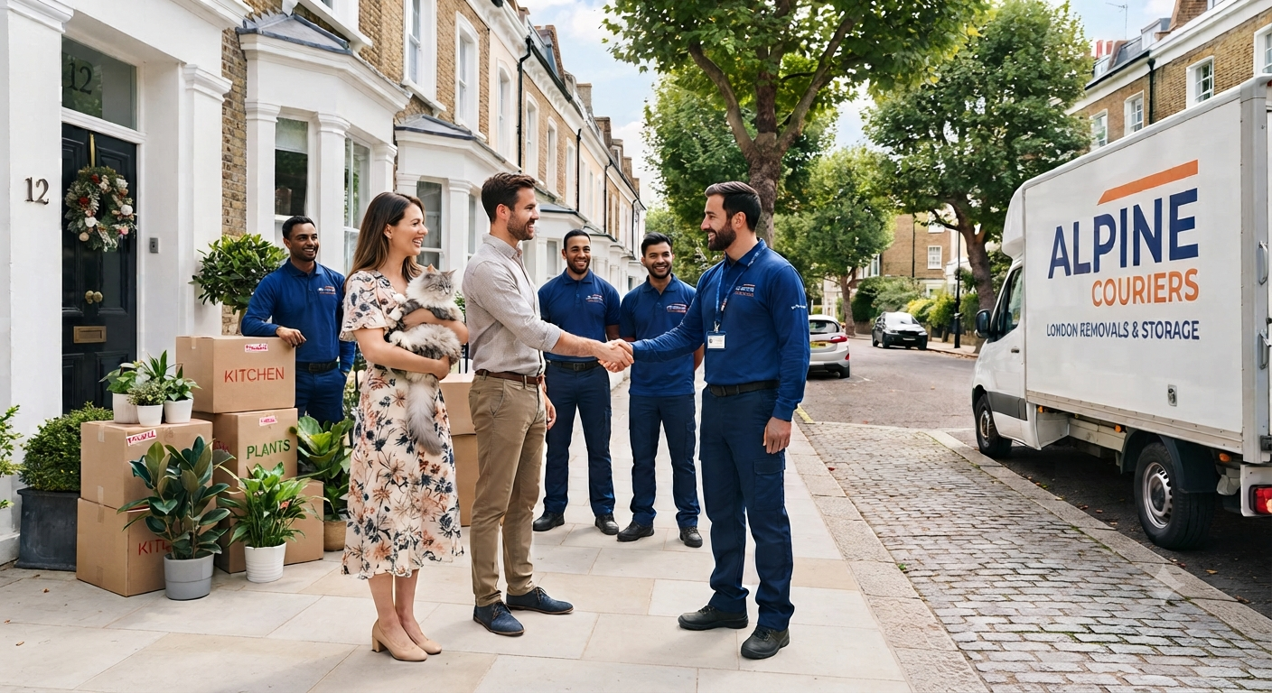 A happy couple in their new London home shaking hands with the professional Alpine Couriers team after a successful move featuring packed plants and boxes.