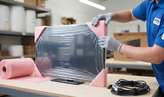 Close-up of hands using anti-static foam to protect electronics and other fragile items for safe long-distance transport."