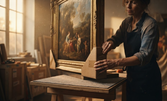 "A large framed mirror being carefully wrapped with corner protectors and padding to secure fragile items during relocation."