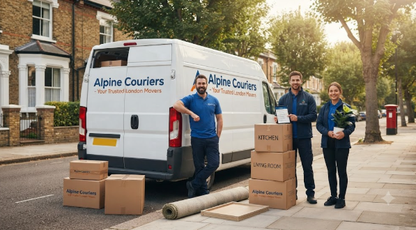 A professional man and van moving team loading boxes into a modern van on a London street.