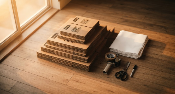 A collection of professional packing materials including tape, bubble wrap, and boxes, essential for protecting fragile items during a long-distance move."