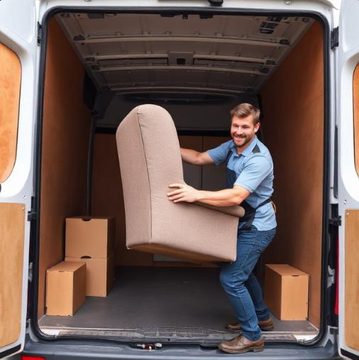 Man and van moving team loading furniture into a van.