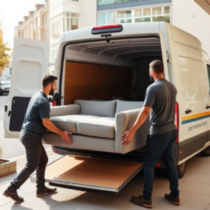 Professional man and van moving team loading a van in London.