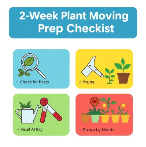 Infographic illustrating essential Alpine Couriers moving house packing tips for preparing indoor plants, including pruning and pest checks.