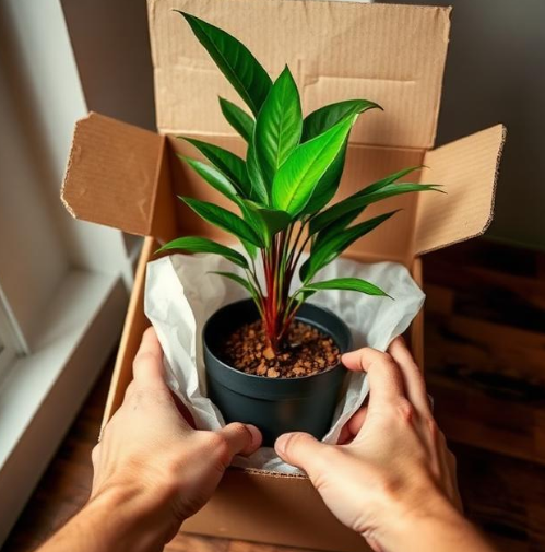 A practical demonstration of moving house packing tips showing a potted plant secured inside a ventilated cardboard box with packing paper.