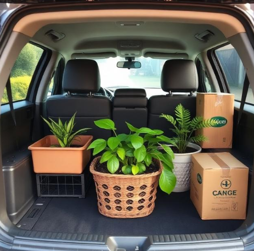 Visual example of safe plant transport during house moves, using a passenger car back seat to protect greenery from temperature extremes.