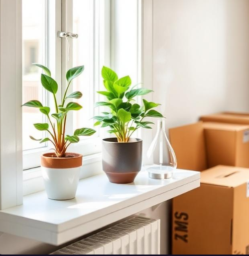 Healthy houseplants arranged on a new windowsill receiving indirect light, illustrating successful post-move recovery following Alpine Couriers advice.